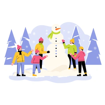 A winter landscape featuring a blanket of white snow covering the ground. Several children, dressed in colorful winter clothing including bright red hats and blue scarves, are joyfully constructing a snowman together. The snowman is tall, with a carrot nose and coal eyes, and is accessorized with a green scarf. In the background, snow-covered trees and a clear blue sky add depth to the scene, while snowflakes gently fall around the children, creating a magical winter atmosphere.