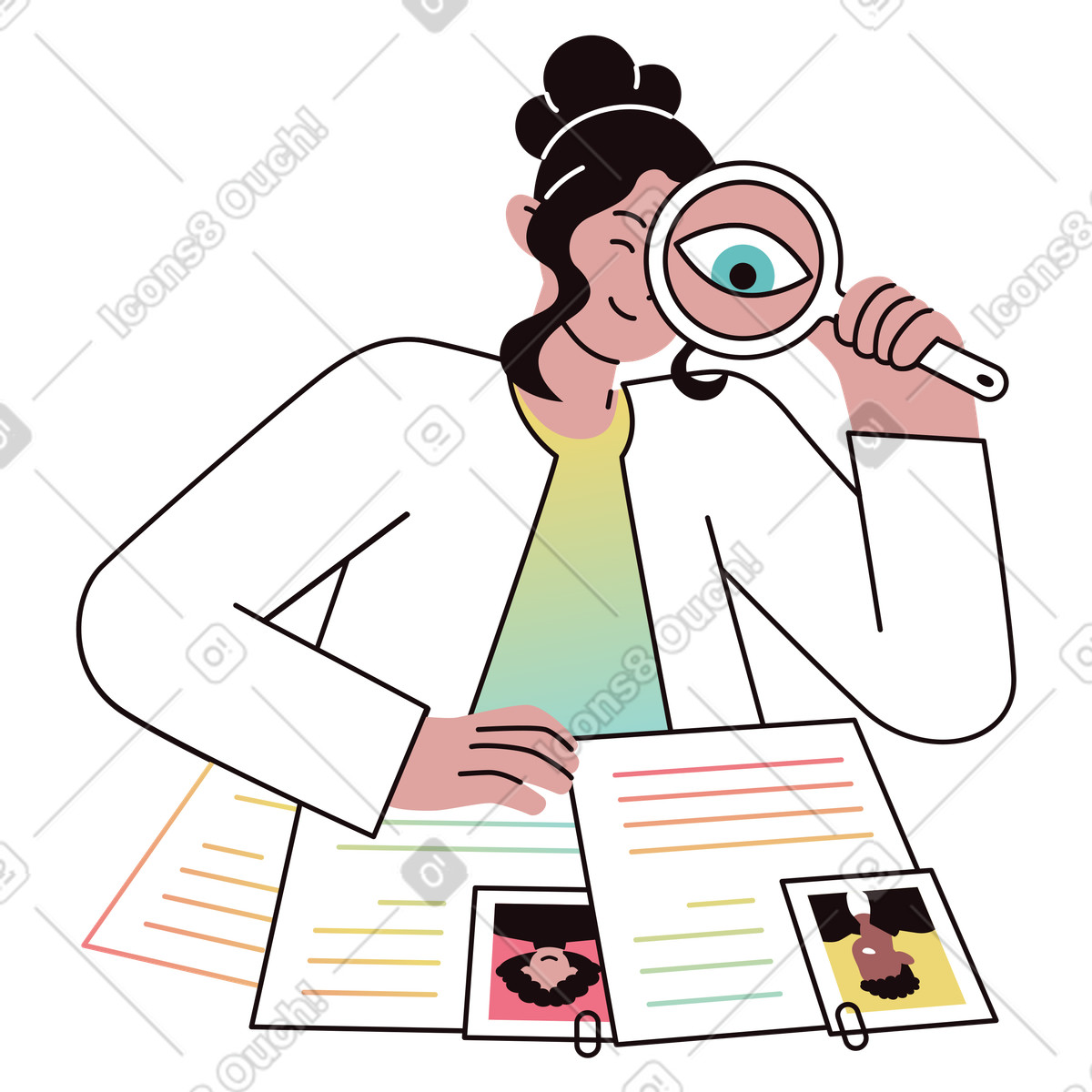 Recruiter examining resumes with magnifying glass, Candidate screening or employee selection illustration in Delight style download in PNG, SVG