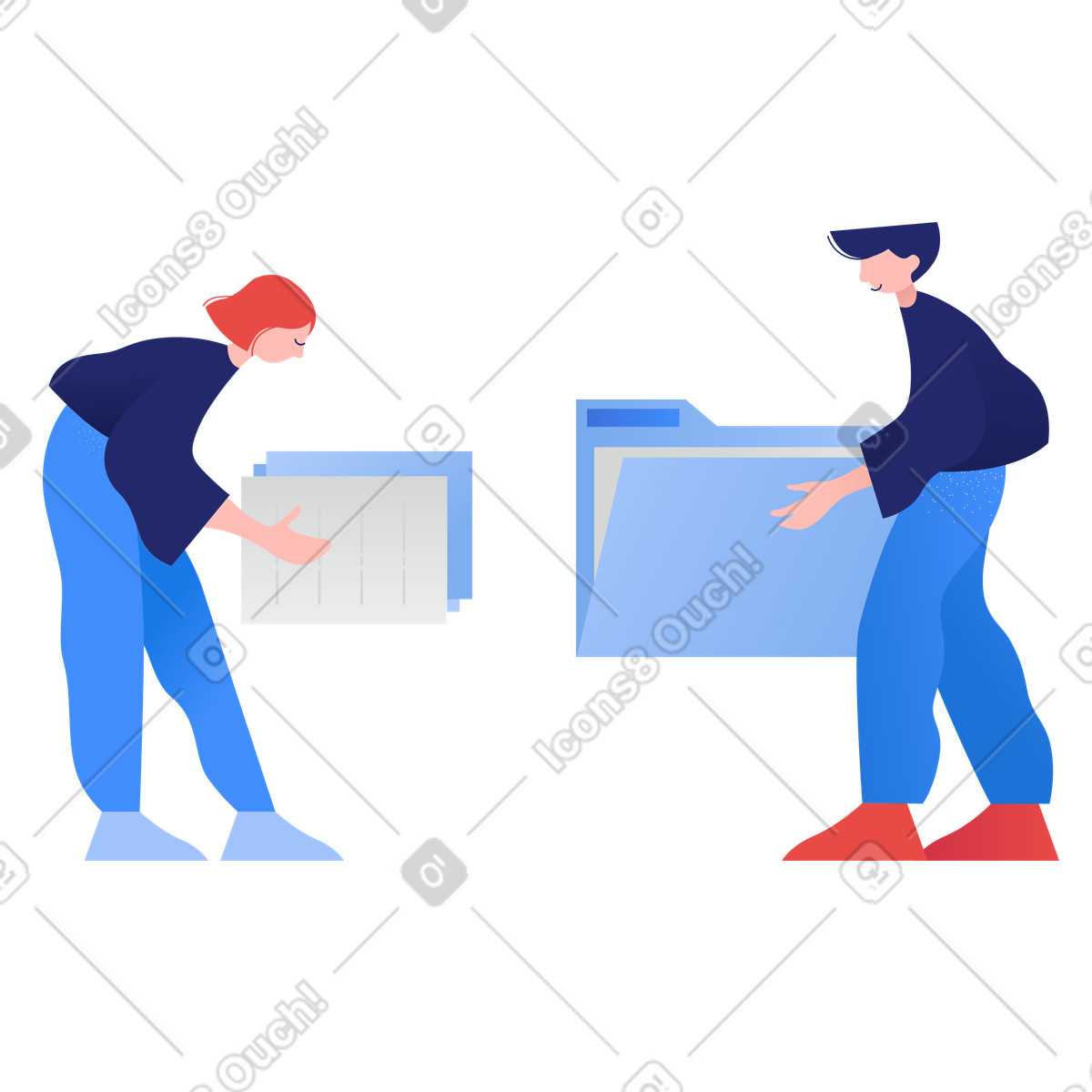 Illustration Personnes travaillant avec des documents d'archives dans le style Clip à télécharger aux formats PNG, SVG