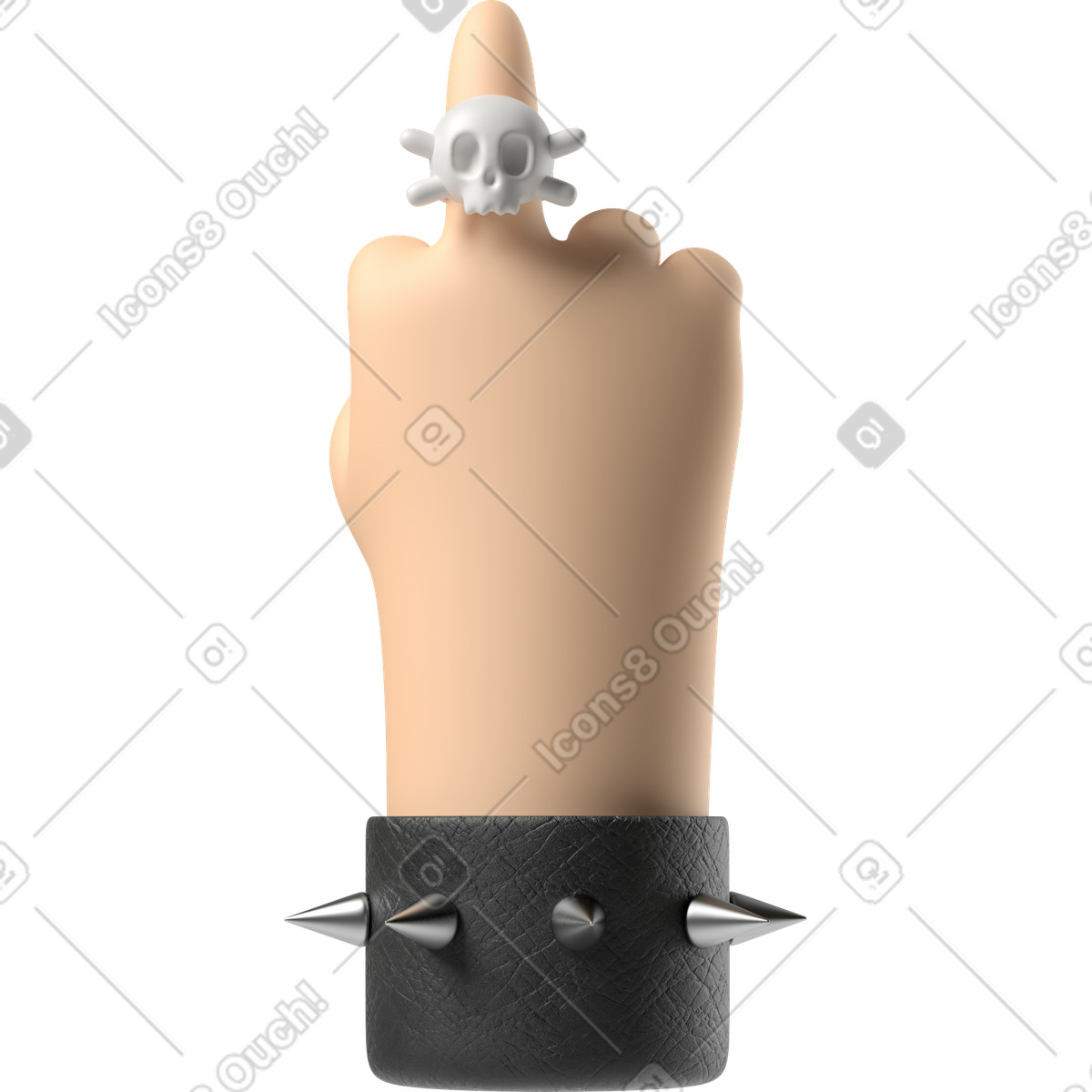 Ilustración Mano de piel pálida pocker que muestra el dedo medio con anillo calavera en estilo 3D Hands Fun&Wild a descargar en PNG y SVG