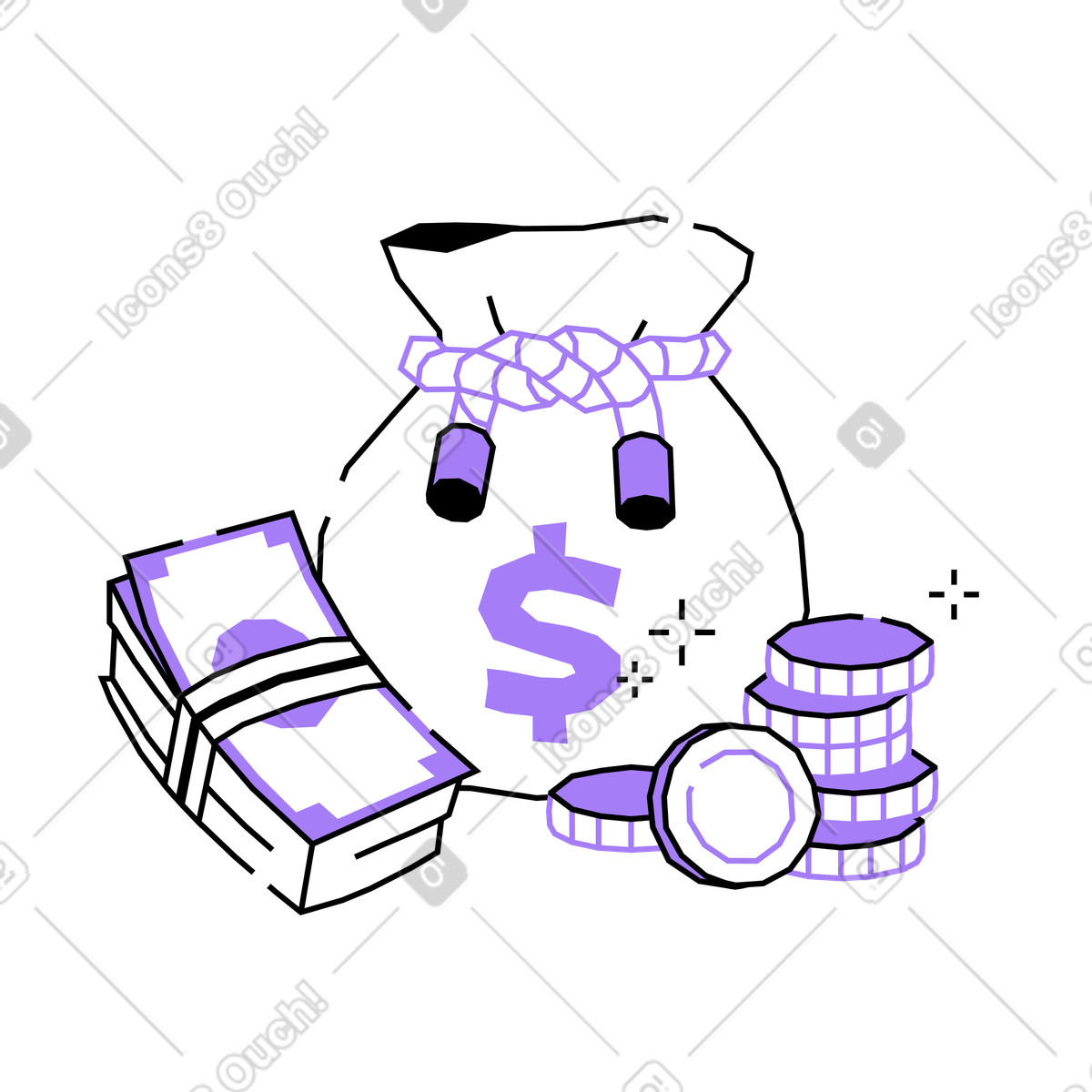 下载 Amethyst 风格的 带钞票和硬币的钱袋 插画，支持 PNG、SVG 格式