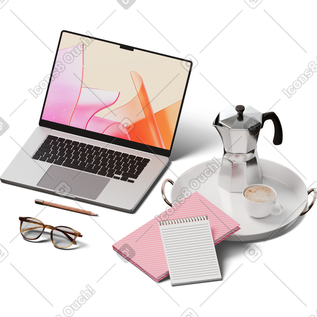 Vista isometrica di laptop, quaderni e vassoio con moka tazza illustrazione in stile 3D Hygge scarica in PNG, SVG