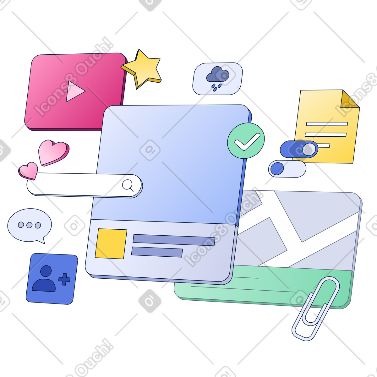 Interactive user profile interface with widgets, productivity and organization tools illustration in PNG, SVG