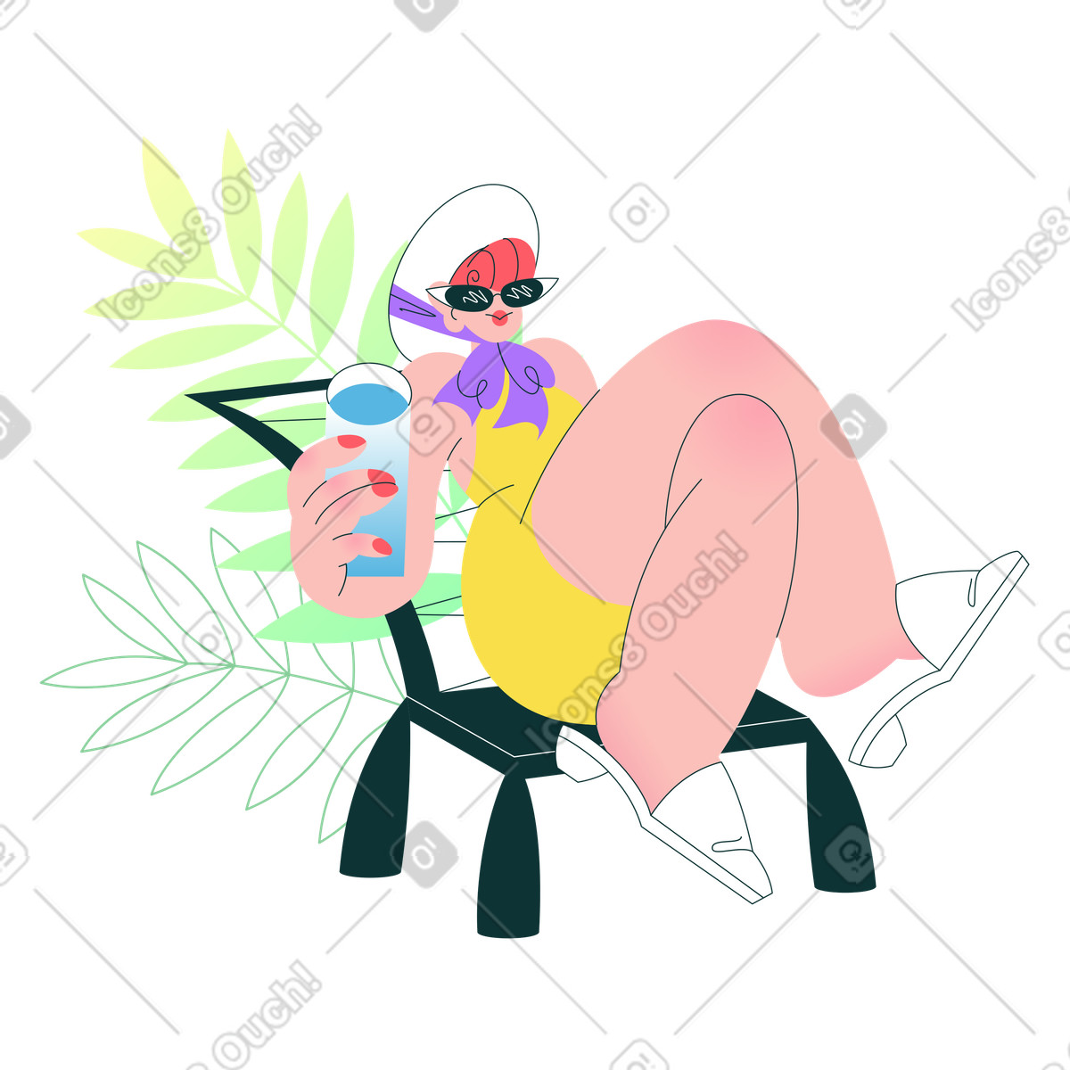 Florid スタイルの 熱帯の葉の近くのデッキチェアに座っている水の入ったグラスを持つ少女 のイラストをPNG、SVG形式でダウンロード