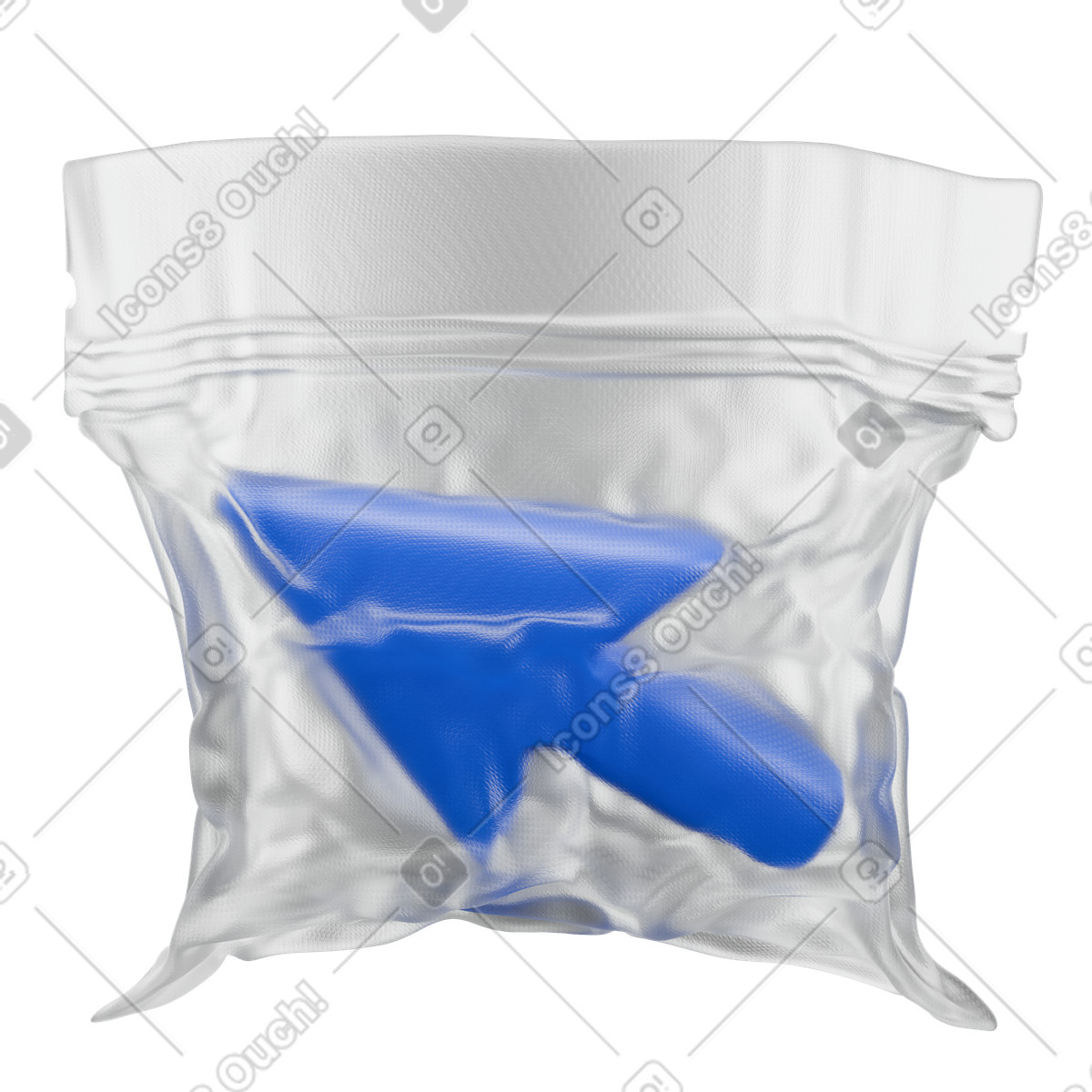 Blue cursor sealed in transparent vacuum bag, tech security metaphor illustration in 3D Wrap style download in PNG, SVG