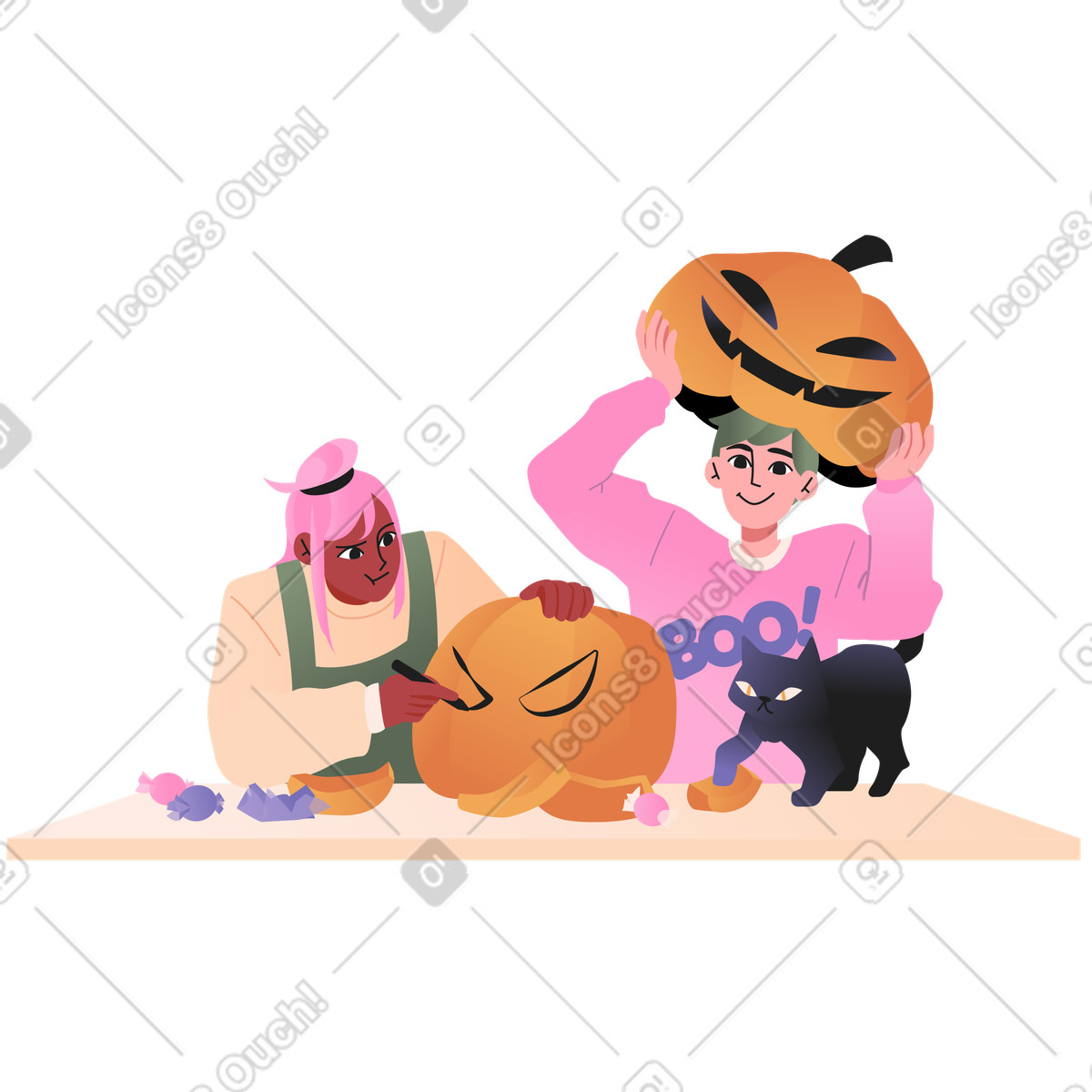 Ilustração de Crianças esculpindo abóboras para o halloween em no estilo Coworking baixar em PNG, SVG