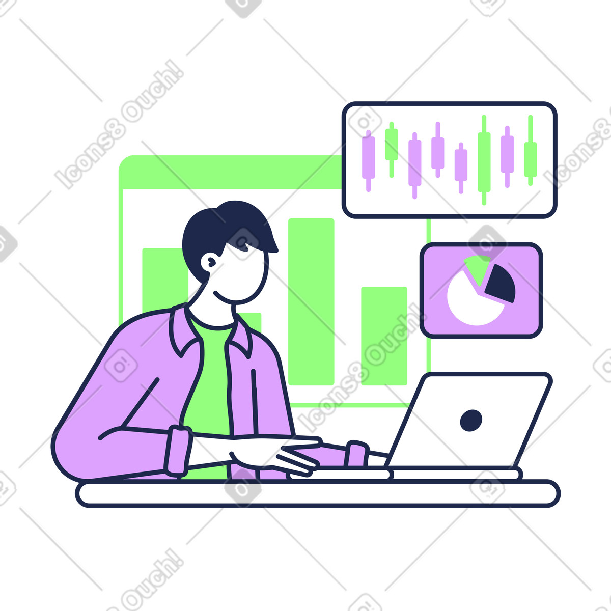 Stock trader working on laptop with charts illustrazione animata in stile Outline scaricabile in GIF, Lottie (JSON), AE