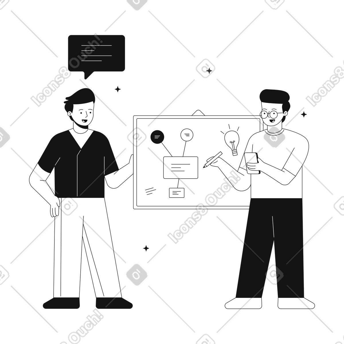 Planning and discussing new ideas by men on a demonstration board illustration in Teams style download in PNG, SVG