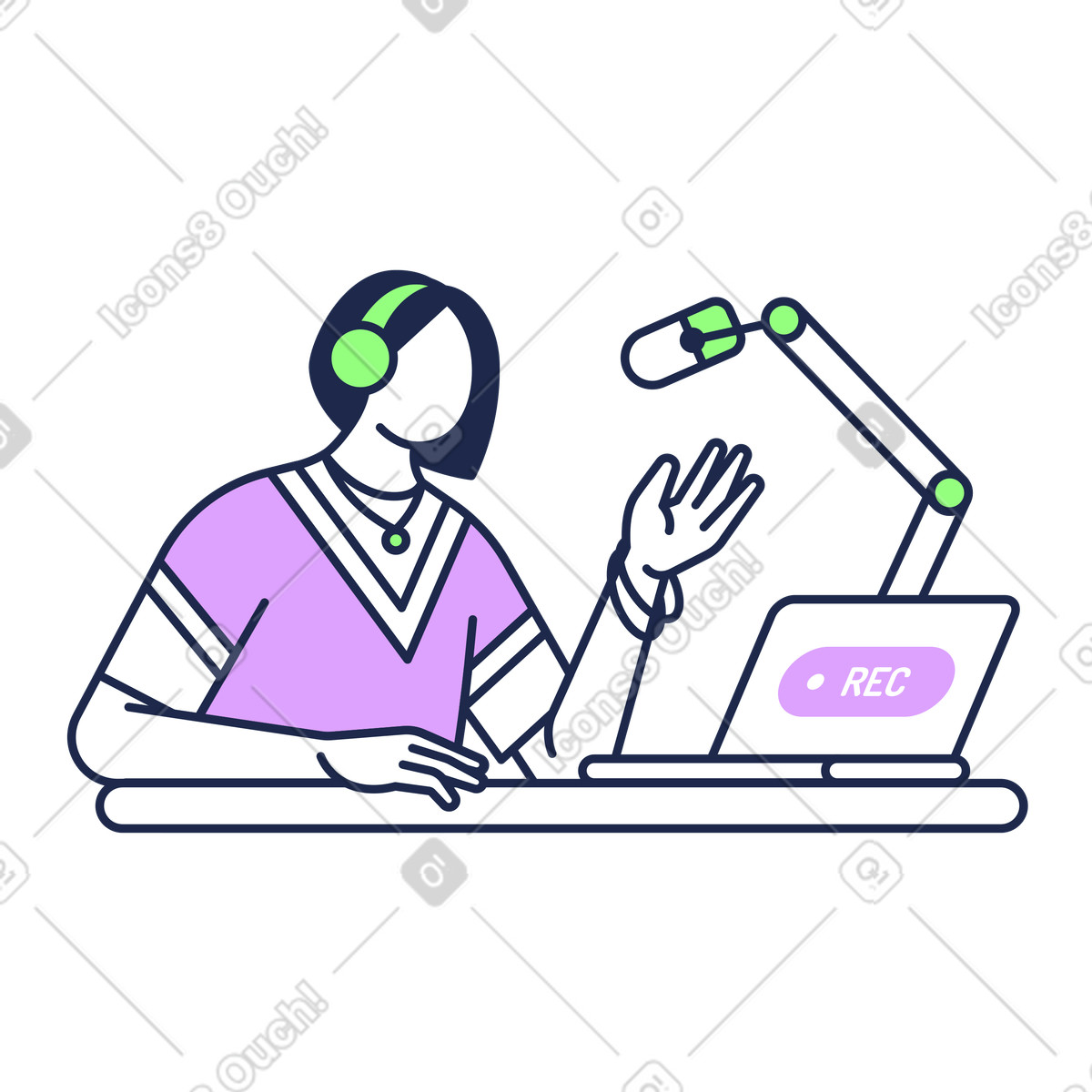 Ilustración Host recording show with microphone and laptop, Podcast production en estilo Outline a descargar en PNG y SVG