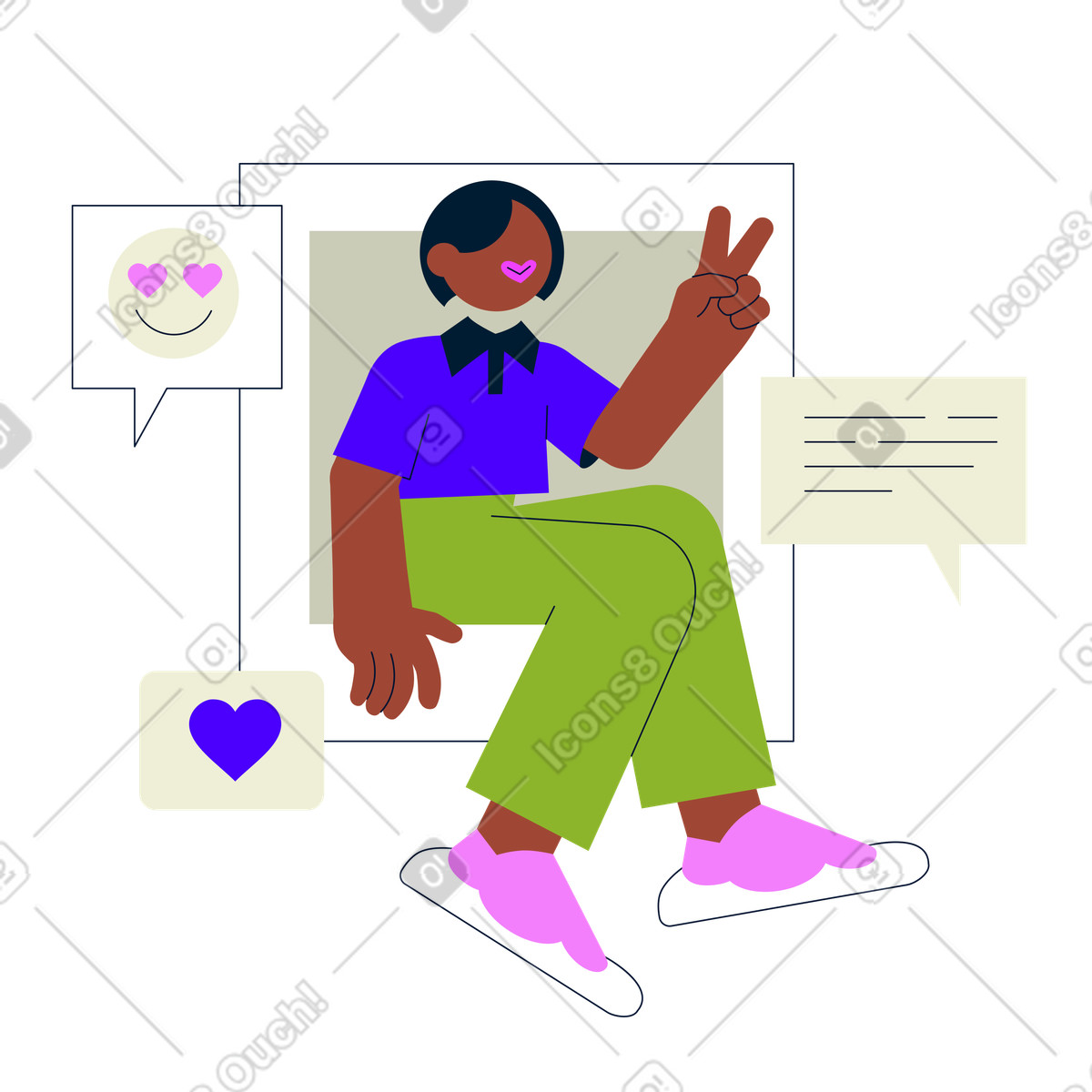 Ilustração de A mulher senta-se e mostra um sinal da vitória em no estilo Cubes para baixar em PNG, SVG