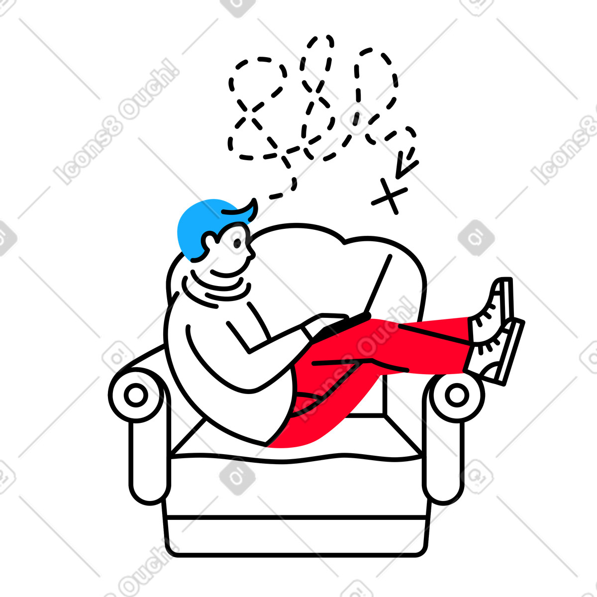 Uomo sdraiato su una poltrona e ricerca online illustrazione in stile Transistor scarica in PNG, SVG