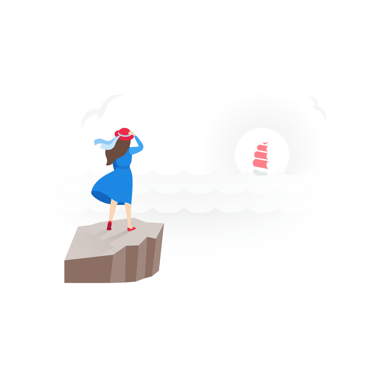 Ilustración A woman in blue dress standing on cliff en estilo Fogg descargar en PNG y SVG