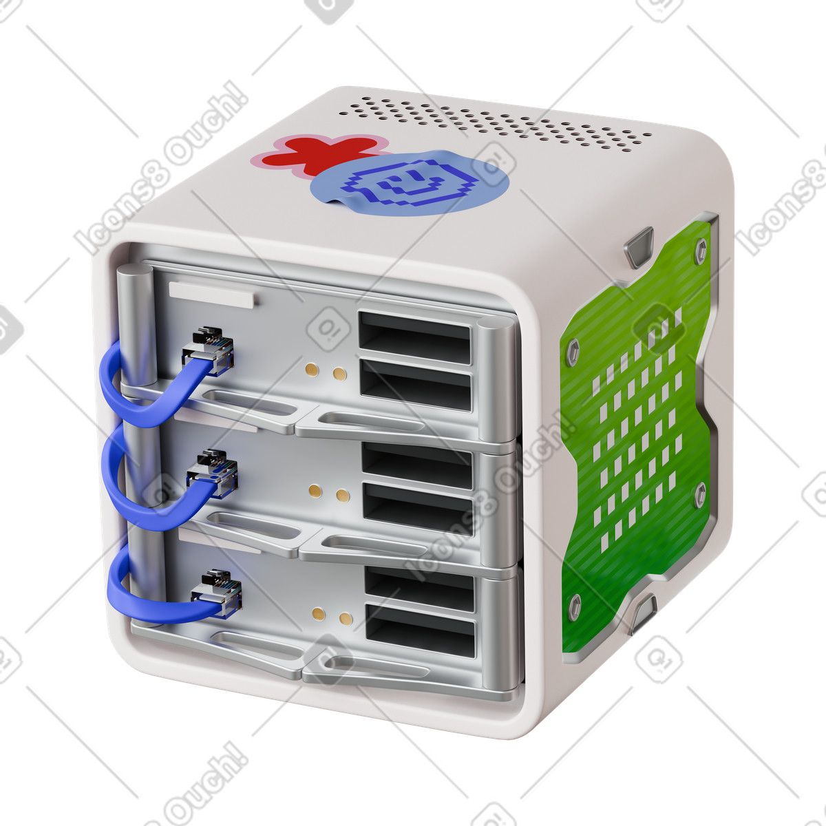 Network server cube with colorful stickers on top-Illustration im 3D Stickle-Stil als Download in PNG, SVG