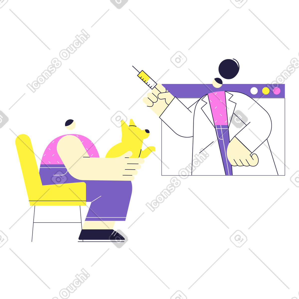 Illustration Homme avec chien lors d'une consultation en ligne chez le vétérinaire dans style Mellow à télécharger aux formats PNG, SVG