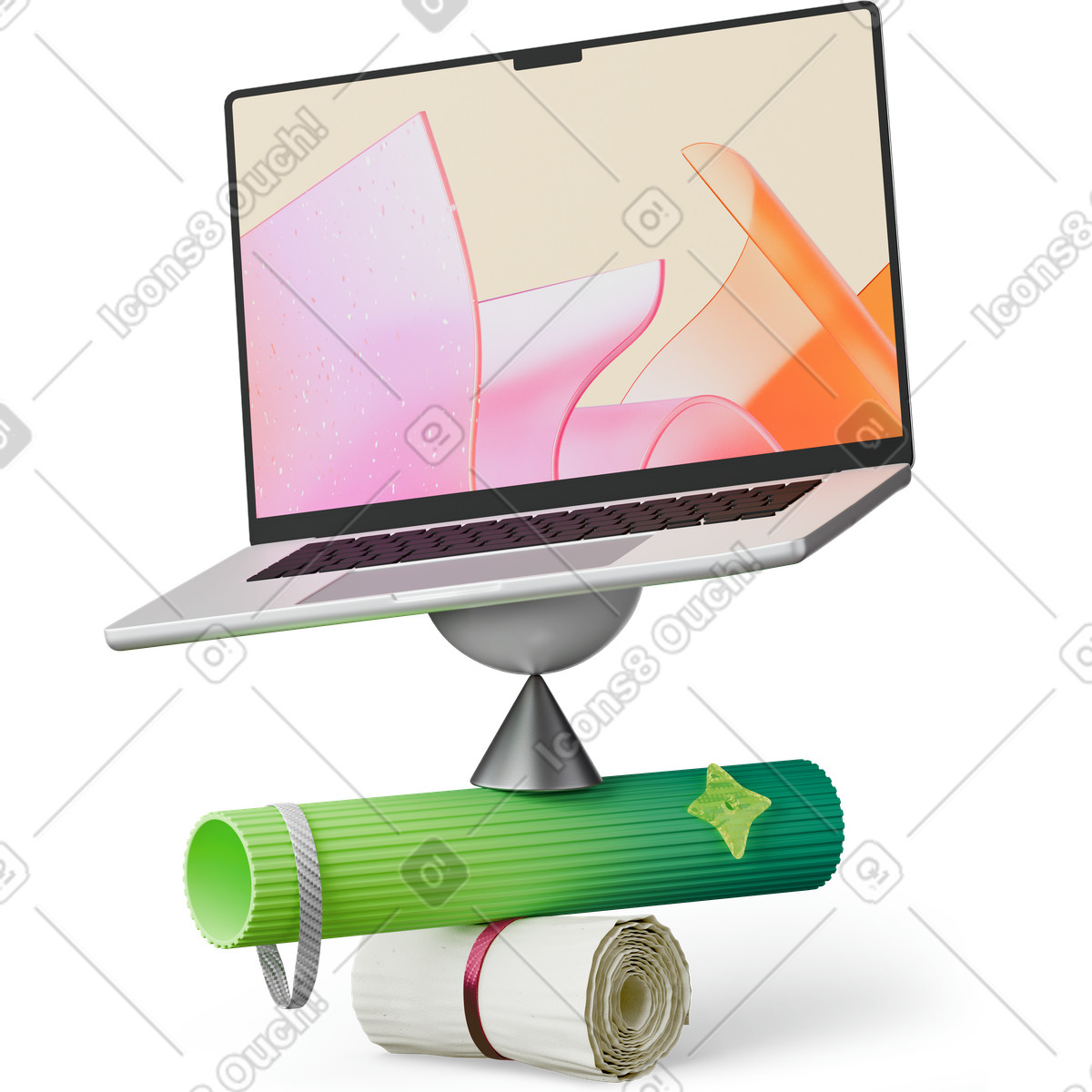 Анимированная иллюстрация Laptop on abstract geometric shapes в стиле 3D Hygge — скачать в форматах GIF, Lottie (JSON), AE