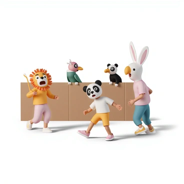 A group of four children, each wearing unique handmade animal masks. One child wears a mask of a lion, with orange and yellow paper creating a mane, while another wears a mask of a panda, featuring black and white colors with large round eyes. A third child has a colorful parrot mask made of green and red feathers, and the last one wears a mask of a rabbit, with long floppy ears sticking out. They are gathered in a backyard, pretending to be in a zoo, with the child in the lion mask playfully roaring, while the panda and parrot masks are perched on a makeshift fence made of cardboard. The rabbit child is hopping around excitedly, mimicking animal sounds, and the scene is filled with laughter and joy.