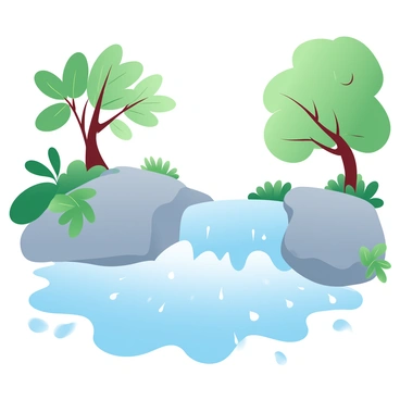 A tranquil woodland stream is flowing rapidly after heavy rainfall, with clear water rushing over smooth stones. The stones are glistening in the sunlight, reflecting various shades of blue and green from the surrounding vegetation. Lush trees with vibrant green leaves frame the stream, their branches gently swaying in the breeze. Small droplets of water are cascading over the rocks, creating a serene atmosphere. The ground is covered with fallen leaves and moss, adding texture to the scene.