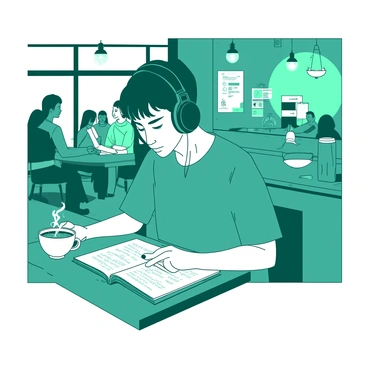 A teal student is sitting at a small wooden table in a bustling cafe. The student is wearing large, black headphones, engrossed in studying from a white notebook filled with handwritten notes. In front of the student, there is a steaming white cup of coffee, with a faint swirl of steam rising from it. Surrounding the student are other patrons chatting and enjoying their drinks, creating a lively atmosphere. The warm light from overhead fixtures casts a cozy glow over the scene.