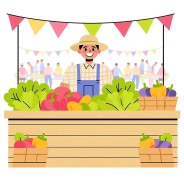 A cheerful farmer stands behind a wooden market stall filled with fresh vegetables. The stall is overflowing with vibrant green lettuce, bright red tomatoes, and yellow bell peppers. Baskets of orange carrots and purple eggplants are arranged neatly on the sides. The farmer is wearing a straw hat and a checked shirt, smiling as he interacts with customers. In the background, a crowd of people is shopping, and colorful banners are hung above the stall, adding to the lively atmosphere.