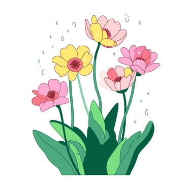 A group of delicate ranunculus flowers in varying shades of yellow and pink is gently swaying in a light rain shower. Droplets of water are clinging to the petals, glistening as they catch the light. The flowers are surrounded by lush green leaves, which also show signs of the refreshing rain. The scene captures the beauty of nature, with the flowers standing tall amidst the gentle movement of the rain.
