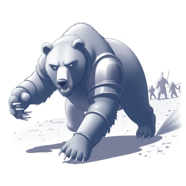 A large bear, representing Beorn in his bear form, charges forward with powerful momentum. The bear is clad in intricate armor that reflects the sunlight, creating a glinting effect across its surface. Its massive paws pound the ground, kicking up dust and debris as it moves. The background features a battlefield with scattered weapons and the silhouettes of distant warriors engaged in combat. The bear's fierce expression conveys strength and determination, while the armor adds a sense of majesty and readiness for battle.