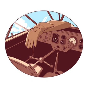 A pair of brown aviator gloves rests on the wooden dashboard of a vintage biplane. The dashboard features an array of antique flight instruments, including a round altimeter and a speedometer with a glass cover. Sunlight filters through the cockpit windows, casting soft shadows on the gloves. The biplane's control yoke is visible in the foreground, and the worn leather seats enhance the nostalgic atmosphere of the scene.