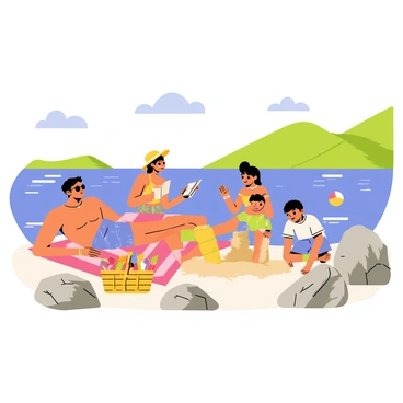 A happy family is sunbathing on a rocky shore beside "Lake Como" on a sunny day. The family consists of four members: a father with sunglasses lying on a large colorful beach towel, a mother reading a book in a sunhat, a young girl building a sandcastle nearby, and a teenage boy playing with a beach ball. The rocks are gray and textured, contrasting with the shimmering blue water of the lake. Green hills rise in the background under a clear blue sky, dotted with a few fluffy white clouds. A picnic basket with fruits and drinks is placed nearby, adding to the cheerful atmosphere.