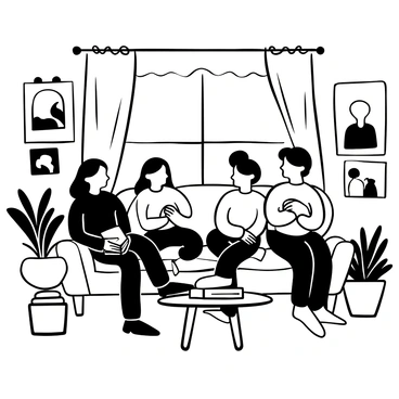 A young girl with dark hair sitting with her family on a cozy couch in a living room. "Malala" is holding a book in her lap, while her family members are gathered around her, engaged in conversation. A stack of books is placed on a small table nearby. The room is filled with warm lighting, casting soft shadows on the walls. Various family photographs hang on the walls, depicting happy memories. A large window shows curtains gently billowing in the breeze, and a few plants are positioned around the room.