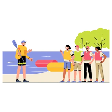 A safety instructor wearing a bright orange life jacket stands on the shore, demonstrating proper rafting techniques to a group of eager paddlers. The instructor is holding a blue paddle and gesturing towards the water. The group consists of four paddlers, each with colorful life jackets in red, yellow, and green, attentively watching the instructor. In the background, there are calm blue waters with a few inflatable rafts bobbing gently, and green trees lining the riverbank, completing the outdoor scene.