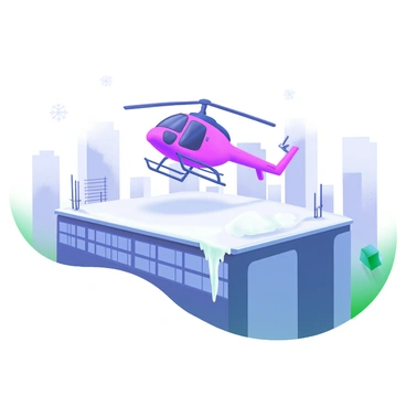 A modern pastel illustration featuring a helicopter landing on a snow-covered rooftop of a large building in a city. The helicopter is depicted in a vibrant color, with its rotors spinning. Snowflakes gently fall around the scene, adding to the winter atmosphere. The cityscape in the background includes a mix of tall buildings, some with icicles hanging from their edges. The rooftop is blanketed in a thick layer of snow, with a few scattered rooftop antennas and a small pile of snow on one side.