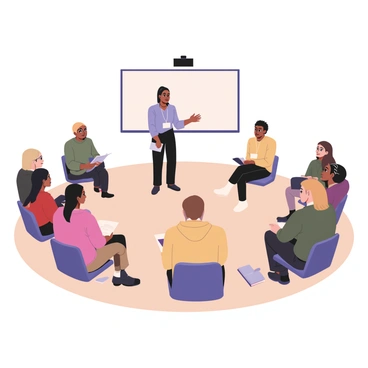A digital flat illustration depicting a circular lecture setting. In the center, there is a speaker, a woman with medium skin and short black hair, wearing a light blue blouse and black pants. She is gesturing with her right hand while holding a small notebook with her left hand. Surrounding her are several students seated in a circular arrangement. The students include a diverse group: one with dark skin and curly hair wearing a red sweater, another with light skin and straight blonde hair wearing a green t-shirt, and a third with medium skin and wavy brown hair in a yellow hoodie. Each student is engaged, some taking notes, others looking at the speaker with interest. The floor is a light wood texture, and there are books on the ground near the students. A large whiteboard and a projector screen are visible in the background.