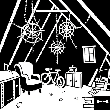 An abandoned attic filled with large, intricate cobwebs hanging from the slanted wooden beams. Dust particles float through the air, illuminated by a small stream of light coming from a cracked window. In one corner, an old, tattered armchair sits next to a wooden trunk, covered with layers of dust. Scattered around are various forgotten objects, such as a rusted bicycle, a broken clock, and stacks of yellowed books. Shadows cast by the dim light create a mysterious atmosphere throughout the space.