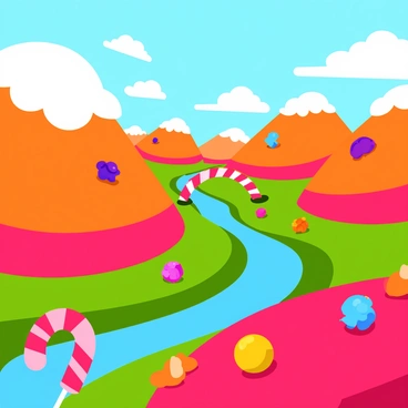 A vibrant landscape featuring rolling hills made of various types of candy, including bright red licorice and colorful gumdrops scattered throughout. The hills are topped with fluffy cotton candy resembling clouds. Rivers of smooth chocolate flow through the scene, reflecting sunlight with a glossy sheen. In the distance, a candy cane bridge arches over one of the chocolate rivers, adding to the whimsical atmosphere. Brightly colored flowers resembling lollipops dot the foreground, completing the playful scene.