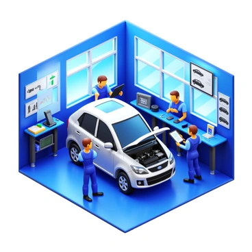 A group of mechanics wearing blue overalls is gathered around a silver Tata car in a modern automotive workshop. The workshop features large windows allowing natural light to flood in, revealing high-tech tools and equipment neatly organized on workbenches. The mechanics are engaged in various tasks, with one examining the engine, another checking the tires, and a third consulting a digital tablet for specifications. The walls are lined with posters of automotive schematics and safety guidelines. Bright LED lights illuminate the workspace, creating a vibrant atmosphere.