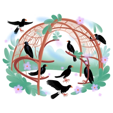 A large aviary made of intricate wooden structures is filled with lush green plants. Inside the aviary, several California condors with dark feathers and distinctive white markings are perched on branches and walking along the ground. Some condors are spreading their wings, showing the expansive wingspan, while others are interacting by standing close to each other. Sunlight filters through the aviary, creating gentle patterns of light and shadow on the ground. Vibrant flowers are scattered throughout the scene, adding color to the surroundings.