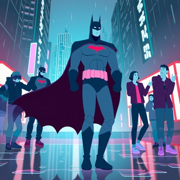 Batman, wearing a dark, armored suit with a flowing cape, is walking confidently through the rain-soaked streets of Gotham. The city is illuminated by flickering streetlights and the glow of neon signs. Citizens with varied expressions of awe and admiration watch him from the sidewalks, some pointing and whispering to one another. The tall, shadowy buildings of Gotham loom in the background, creating a dramatic skyline. Puddles on the ground reflect the imposing figure of Batman and the colorful lights above, adding a sense of depth to the scene.
