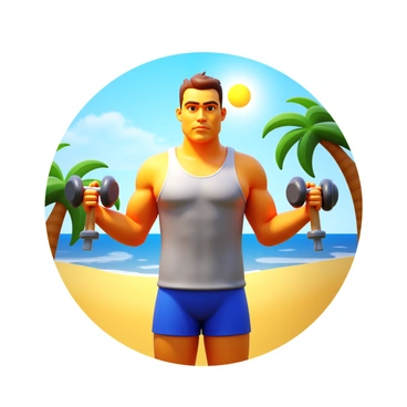 A fitness enthusiast performing hammer curls with dumbbells. The individual has an athletic build and is wearing a fitted tank top and shorts. The beach setting features golden sand and gentle waves in the background. The sun is shining brightly, casting warm light on the scene. Palm trees can be seen along the shoreline, adding to the tropical atmosphere. The person's focus is intense as they engage in the exercise, highlighting their determination and strength.