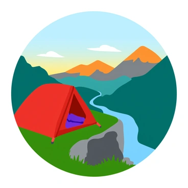 A small red tent is pitched at the edge of a rocky cliff. The tent is partially open, revealing a sleeping bag inside. Below, a valley expands with a winding river reflecting the soft colors of the early morning light. In the distance, majestic mountains rise, their peaks catching the warm hues of the sunrise, blending oranges and yellows with the cool blues of the sky. Wisps of clouds drift through the mountain range, adding depth to the scene. The grass around the tent is slightly damp with morning dew, glistening in the golden light.