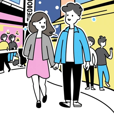 A young couple is walking hand in hand down a vibrant city street at night. The man has short black hair and is wearing a blue jacket with a white t-shirt underneath and dark jeans. The woman has long, flowing brown hair and is dressed in a pink dress with a light gray cardigan. Colorful neon lights from nearby shops and restaurants illuminate the scene, casting reflections on the wet pavement. People can be seen in the background, engaging in various activities, while the couple smiles at each other, capturing the lively atmosphere of the city.