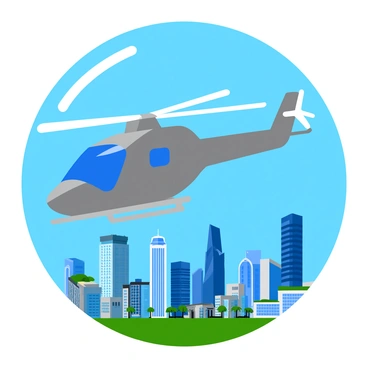 A sleek, metallic private helicopter with a streamlined body and large rotor blades is flying over a modern cityscape. The helicopter is shown in mid-flight, showcasing its glossy surface reflecting sunlight. Below, a skyline of tall glass buildings and contemporary architecture stretches across the horizon. Some buildings have green terraces and solar panels, while others feature unique geometric shapes. The sky is clear and blue, adding to the vibrant atmosphere of the bustling city below.