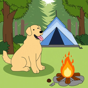 A friendly yellow Labrador sitting on a patch of green grass. The dog has a shiny coat and is looking content, with its tongue out and tail wagging. In front of the Labrador, there is a small campfire with bright orange flames and glowing embers, casting a warm light. The background features a cozy tent with a blue and white pattern, pitched under tall, green trees. The forest is filled with lush foliage and soft, dappled sunlight filtering through the leaves. There are some scattered rocks around the campfire and a few pine cones on the ground nearby.