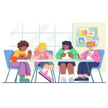 A group of four children are seated around a large table in a bright and cheerful classroom. Two of the children, a boy with curly brown hair and a girl with straight black hair, are painting on sheets of white paper with vibrant colors. The boy is using a blue paintbrush, while the girl is applying yellow paint with a thick brush. Another child, a girl with blond pigtails, is cutting colorful construction paper with scissors, creating shapes. The fourth child, a boy with glasses, is gluing glitter onto his artwork. The walls of the classroom are painted in light pastel colors, and there are drawings hanging on a bulletin board in the background. Sunlight is streaming through large windows, illuminating the room and adding to the joyful atmosphere.