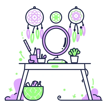 A vanity table is displayed against a backdrop, showcasing an array of dreamcatchers hanging above it. The table features a round mirror framed with intricate designs. On the surface, there are various beauty products organized neatly, including a set of brushes and a small potted plant. A woven basket sits beside the table, containing additional items. The overall composition incorporates natural textures and flowing elements that evoke a bohemian aesthetic.