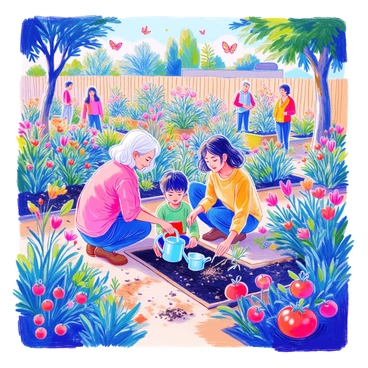 A harmonious community garden features a variety of lush green plants and colorful flowers. In the foreground, several people of different ages are engaged in planting and tending to the vegetation. An elderly woman with silver hair is kneeling next to a young boy, showing him how to plant seeds in the soil. Nearby, a teenage girl is watering plants with a bright blue watering can. There are raised garden beds filled with tomatoes, carrots, and herbs. A wooden fence surrounds the garden, and several colorful butterflies are fluttering above the flowers. In the background, a small group of adults is discussing gardening tips while enjoying the sunny day.