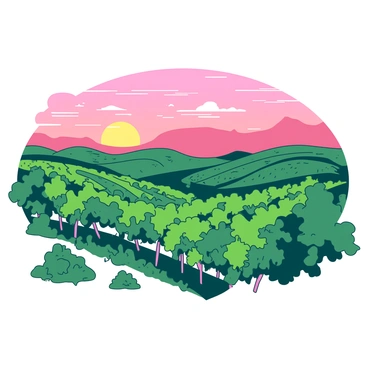 Rolling vineyard hills are covered with lush green grapevines that stretch across the landscape. The grapevines are heavy with ripe clusters of grapes, creating a rich tapestry of foliage. In the background, a picturesque sunset fills the sky with vibrant shades of orange and pink. The sun sinks low on the horizon, casting warm light over the hills and illuminating the grapevines. Wispy clouds scatter across the sky, reflecting the colors of the sunset and enhancing the tranquil scene.