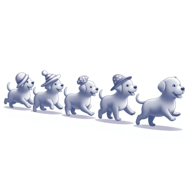 A group of playful puppies marching in a straight line. Each puppy is wearing a small hat, which varies in design. The first puppy has a striped hat, while the second puppy sports a polka-dotted hat. The third puppy exhibits a tiny top hat. The fourth puppy wears a small beanie, and the last puppy has a floppy sun hat. Each puppy has its tongue out and a joyful expression, with their tails wagging as they parade forward. The scene captures the excitement and liveliness of the puppies in a dynamic formation.