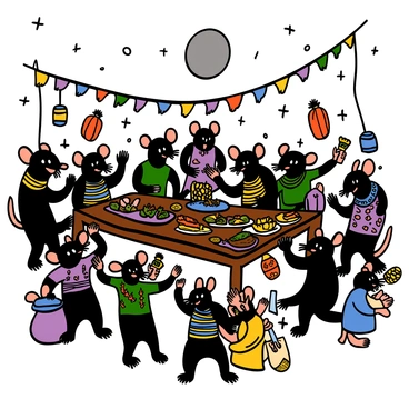 A lively festival scene featuring ratmen, also known as skaven, dancing joyfully. The skaven have dark fur, bright eyes, and are wearing various colorful garments adorned with intricate patterns. They are gathered in groups, engaged in cheerful activities, some of them feasting on an assortment of foods laid out on large wooden tables. The atmosphere is animated, with some skaven playing musical instruments, while others are engaged in games. The night sky is illuminated by a full moon, casting a silvery light over the celebration, enhancing the festive mood. Details of decorations such as lanterns and banners can be seen around them, contributing to the lively ambiance.