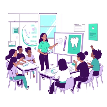A white classroom filled with colorful posters about oral hygiene on the walls. In the center, a teal teacher stands at a whiteboard, enthusiastically explaining concepts to a group of attentive students. The teacher is holding a large, illustrated poster of a smiling tooth and a toothbrush in one hand. The students, a diverse group of kids, sit at white desks and are engaged, some raising their hands to ask questions. One student near the front is holding a teal dental floss package, while another is looking at a white model of a set of teeth. Sunlight filters through a window, illuminating the vibrant classroom environment.