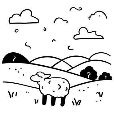 A landscape with rolling hills in the background, dotted with fluffy, stylized clouds. In the foreground, a lamb stands on the grass, its fleece fluffy and textured. The sky above is expansive, filled with abstract shapes and swirls that create a sense of movement and playfulness. The hills are gently undulating, with various patterns and textures indicating the terrain. The entire scene is presented in black and white.