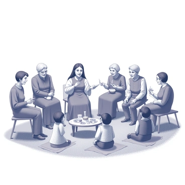 A Maria Clara dressed in traditional attire, characterized by a fitted bodice and wide sleeves, is seated among a group of elders. She is animatedly sharing stories, her expression lively and engaged. Surrounding her, several children are happily playing on the grassy ground, some flying kites, while others are involved in a game of tag. The gathering is set in a warm, inviting atmosphere, with people seated on benches and mats, and a table filled with food nearby, creating a sense of community and togetherness.